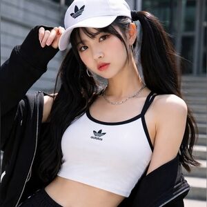 🤩 adidas Originals White Cropped Tank Top – Black Trim Trefoil Logo – US L